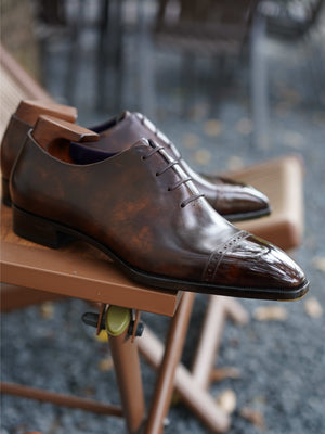 Museum Box Calf Quarter Brogue Oxford Shoes#Color_Dark Brown