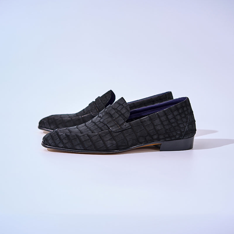 American Alligator Nubuck Penny Loafers 8150 Black#Color_Black
