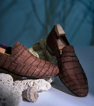 American Alligator Nubuck Penny Loafers 8150 Brown#Color_Brown