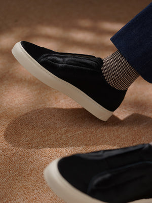 Baby Calf Hair Elastic Stitch Sneaker#Color_Black Baby Calf Hair