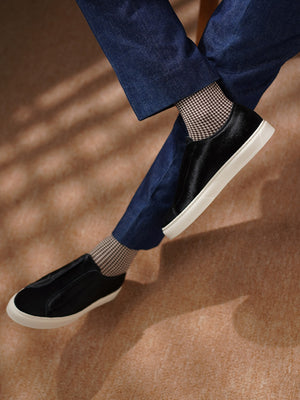 Baby Calf Hair Elastic Stitch Sneaker#Color_Black Baby Calf Hair