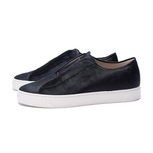 Baby Calf Hair Elastic Stitch Sneaker#Color_Black Baby Calf Hair