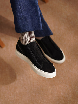 Baby Calf Suede Elastic Stitch Sneaker#Color_Black
