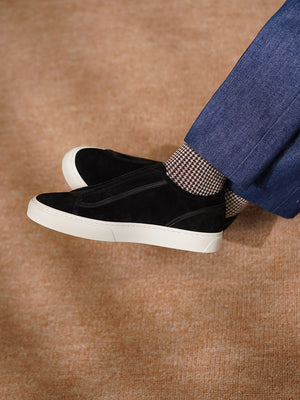 Baby Calf Suede Elastic Stitch Sneaker#Color_Black
