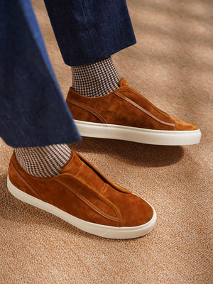 Baby Calf Suede Elastic Stitch Sneaker#Color_Golden