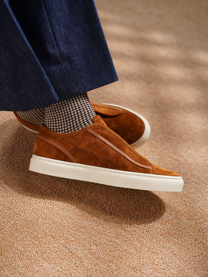 Baby Calf Suede Elastic Stitch Sneaker#Color_Golden