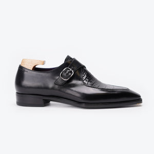 Ilcea Box Calf and Alligator Single Monk Straps#Color_Black