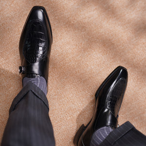 Ilcea Box Calf and Alligator Single Monk Straps#Color_Black