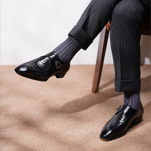 Ilcea Box Calf and Alligator Single Monk Straps#Color_Black