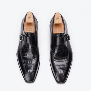 Ilcea Box Calf and Alligator Single Monk Straps#Color_Black