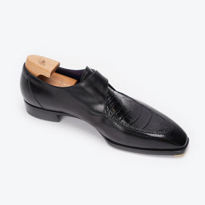 Ilcea Box Calf and Alligator Single Monk Straps#Color_Black