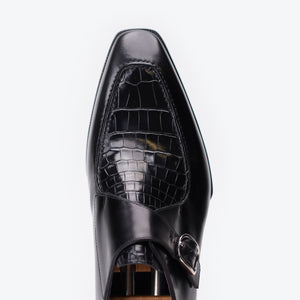 Ilcea Box Calf and Alligator Single Monk Straps#Color_Black