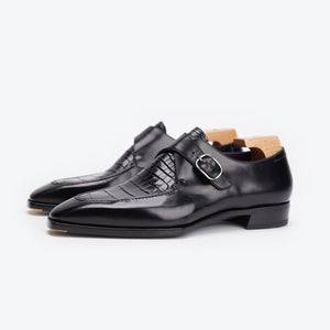 Ilcea Box Calf and Alligator Single Monk Straps#Color_Black
