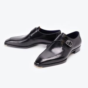 Ilcea Box Calf and Alligator Single Monk Straps#Color_Black
