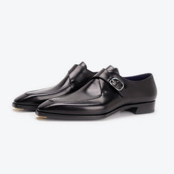 Ilcea Box Calf and Alligator Single Monk Straps#Color_Black
