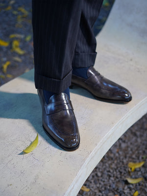 Ilcea Museum Calf Brogue Penny Loafers#Color_Steel