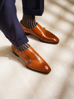Ilcea Museum calf Double Monk Straps#Color_Light Brown