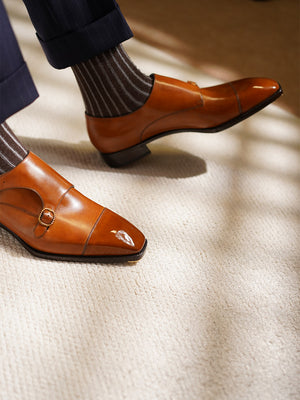 Ilcea Museum calf Double Monk Straps#Color_Light Brown