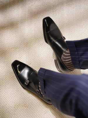 Ilcea box calf Double Monk Straps#Color_Black