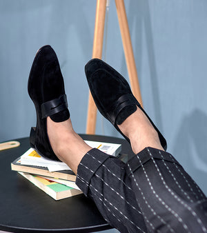 Italian Baby Calf Suede Penny Loafers#Color_Black