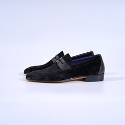 Italian Baby Calf Suede Penny Loafers#Color_Black