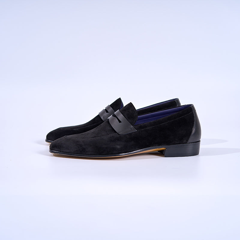 Italian Baby Calf Suede Penny Loafers#Color_Black
