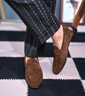Italian Baby Calf Suede Penny Loafers#Color_Coffee
