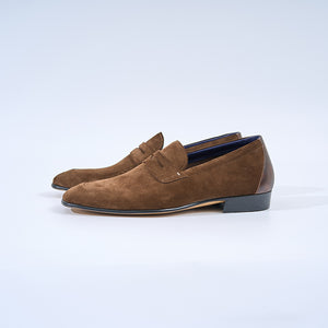 Italian Baby Calf Suede Penny Loafers#Color_Coffee