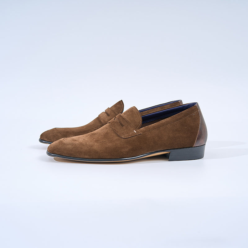 Italian Baby Calf Suede Penny Loafers#Color_Coffee