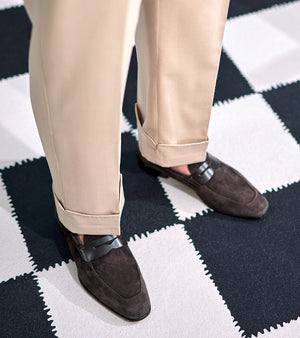 Italian Baby Calf Suede Penny Loafers#Color_Dark Brown
