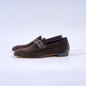 Italian Baby Calf Suede Penny Loafers#Color_Dark Brown