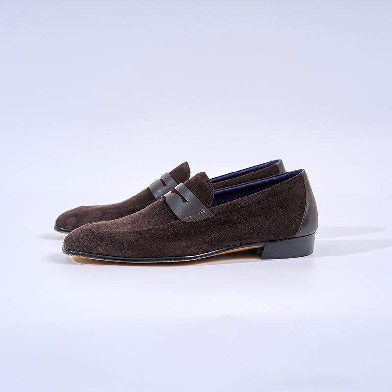 Italian Baby Calf Suede Penny Loafers#Color_Dark Brown