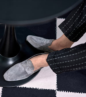 Italian Baby Calf Suede Penny Loafers#Color_Grey