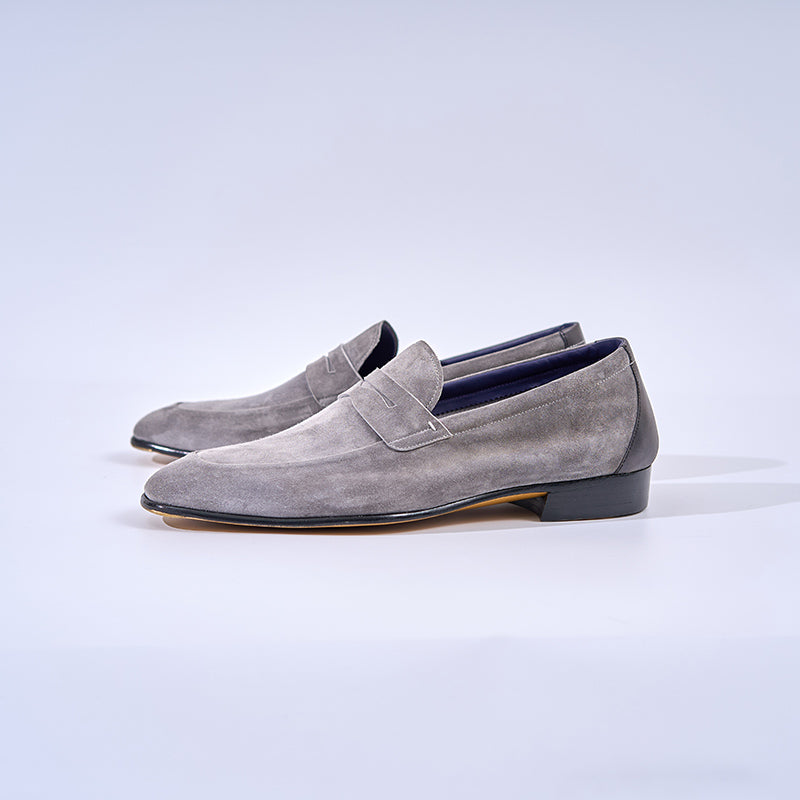 Italian Baby Calf Suede Penny Loafers#Color_Grey