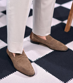Italian Baby Calf Suede Penny Loafers#Color_Light Brown