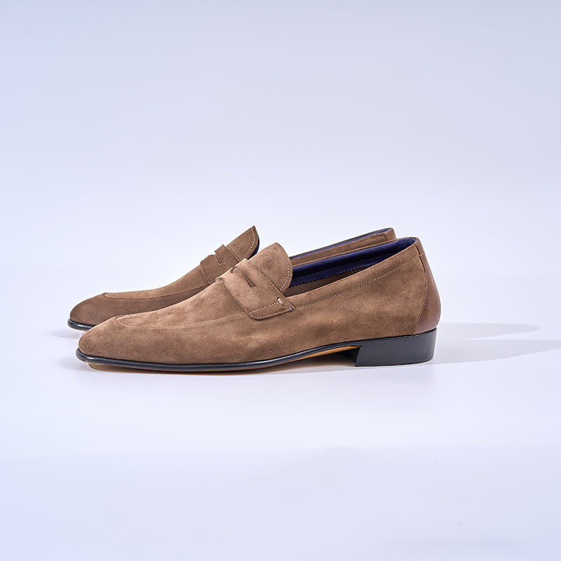Italian Baby Calf Suede Penny Loafers#Color_Light Brown