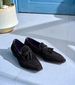 Italian Baby Calf Suede Tassel Loafers#Color_Black