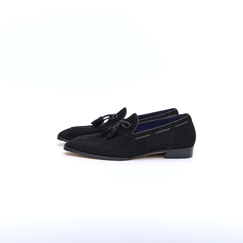 Italian Baby Calf Suede Tassel Loafers#Color_Black