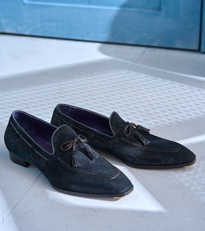 Italian Baby Calf Suede Tassel Loafers#Color_Blue