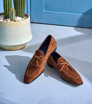 Italian Baby Calf Suede Tassel Loafers#Color_Brown1