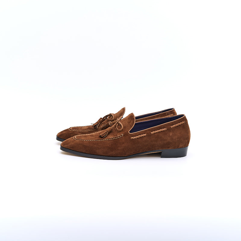 Italian Baby Calf Suede Tassel Loafers#Color_Brown1