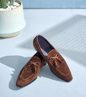 Italian Baby Calf Suede Tassel Loafers#Color_Brown3