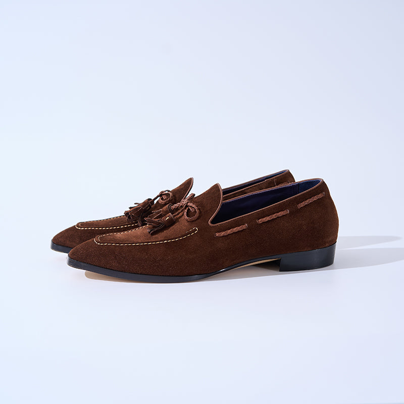 Italian Baby Calf Suede Tassel Loafers#Color_Brown3