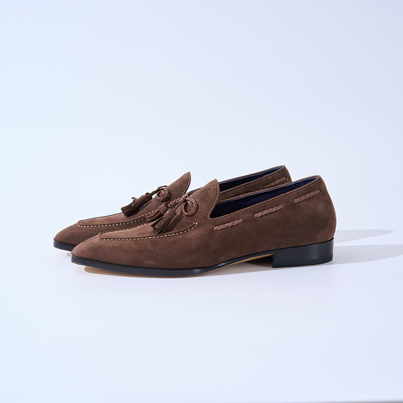 Italian Baby Calf Suede Tassel Loafers#Color_Brown2