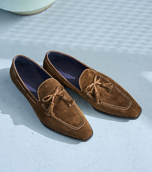 Italian Baby Calf Suede Tassel Loafers#Color_Brown4