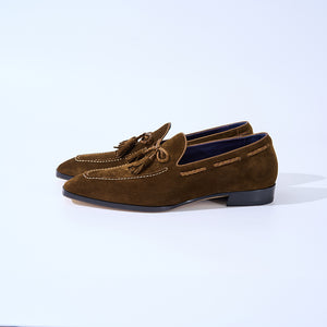 Italian Baby Calf Suede Tassel Loafers#Color_Brown4
