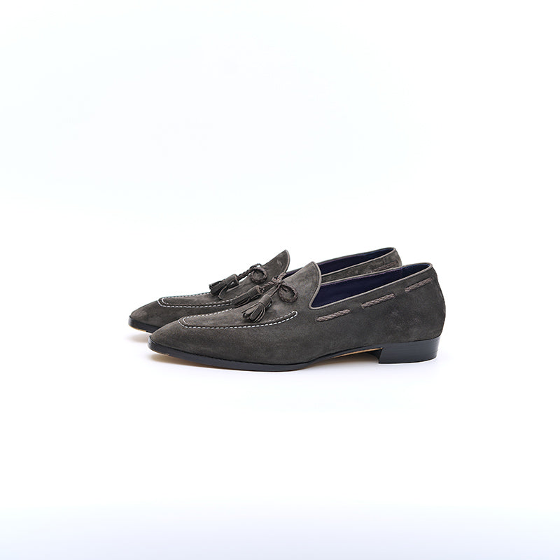 Italian Baby Calf Suede Tassel Loafers#Color_Dark Grey