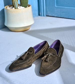 Italian Baby Calf Suede Tassel Loafers#Color_Green3