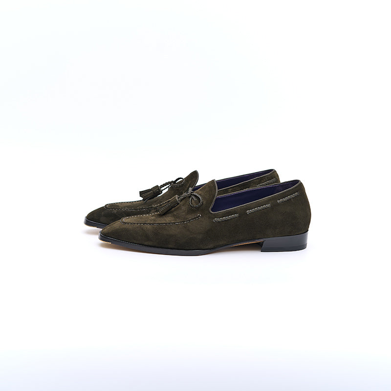 Italian Baby Calf Suede Tassel Loafers#Color_Green3