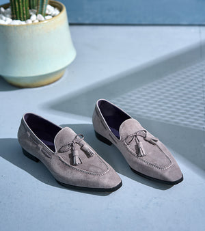 Italian Baby Calf Suede Tassel Loafers#Color_Light Grey